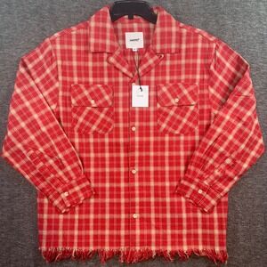 Free People x FOUND Raw-Cut Fringe Red Plaid Camp Shirt Red Button Womens S NEW